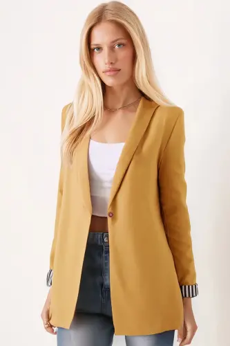 Kadın Hardal Kol İçi Çizgili Tek Düğmeli Ceket ARM-22K001122-Hardal - 1