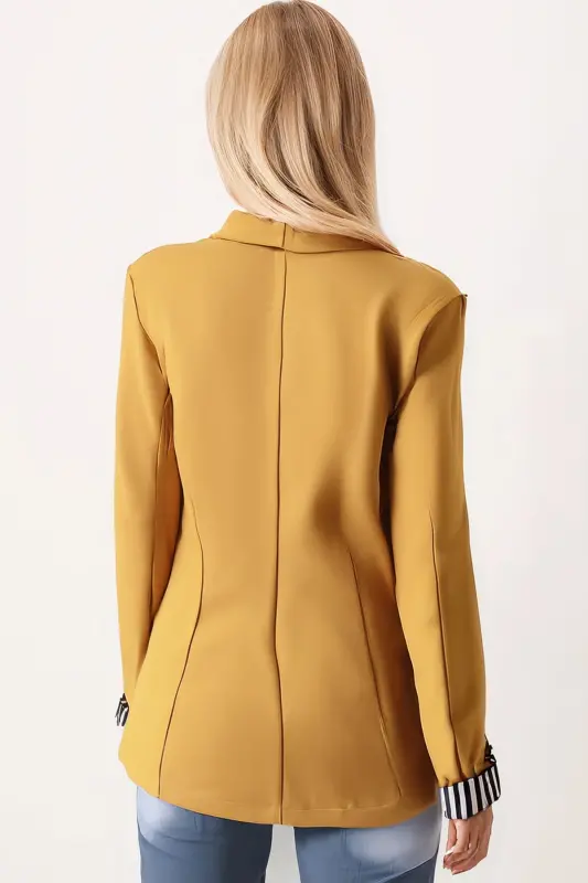 Kadın Hardal Kol İçi Çizgili Tek Düğmeli Ceket ARM-22K001122-Hardal - 3