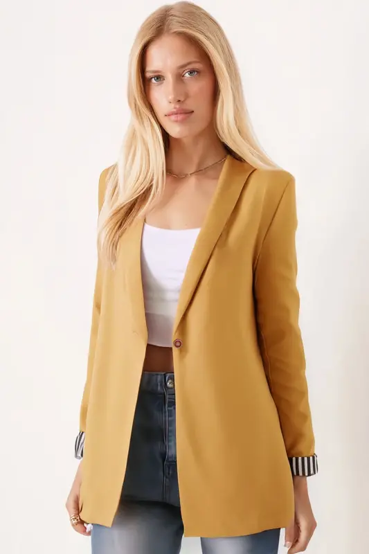 Kadın Hardal Kol İçi Çizgili Tek Düğmeli Ceket ARM-22K001122-Hardal - ARMONIKA