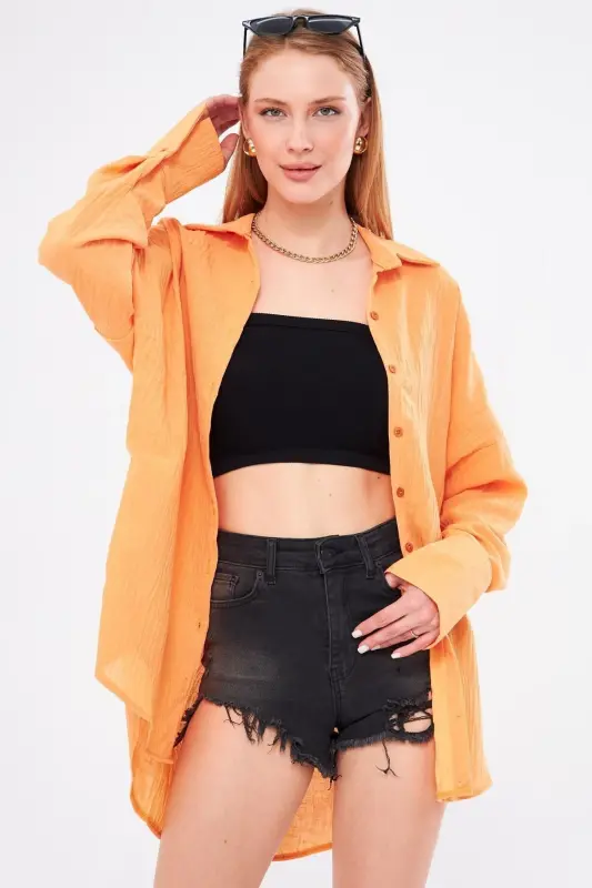 Kadın Hardal Oversize Dokulu Keten Görünümlü Geniş Manşetli Gömlek ARM-24K001001-Hardal - 5