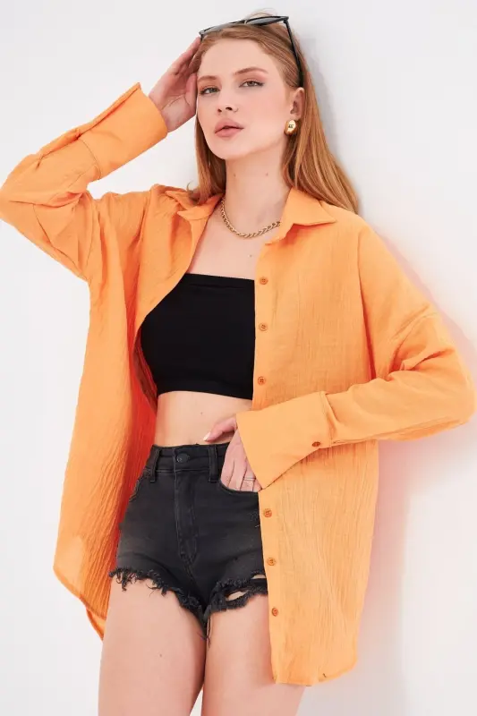 Senffarbenes, übergroßes, strukturiertes Leinen-Look-Hemd mit weiten Manschetten für Damen ARM-24K001001 - Senfgelb - 1