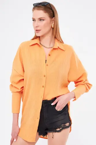 Senffarbenes, übergroßes, strukturiertes Leinen-Look-Hemd mit weiten Manschetten für Damen ARM-24K001001 - Senfgelb - 3