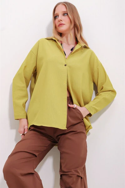 Kadın Hardal Oversize Keten Gömlek ALC-X10343-HARDAL - 3