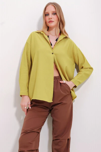 Kadın Hardal Oversize Keten Gömlek ALC-X10343-HARDAL - 4