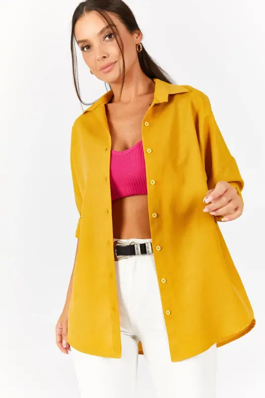Kadın Hardal Oversize Uzun Basic Gömlek ARM-22Y001118-Hardal - 3