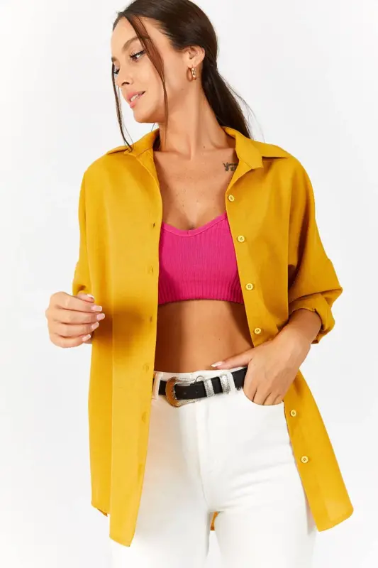 Kadın Hardal Oversize Uzun Basic Gömlek ARM-22Y001118-Hardal - 2