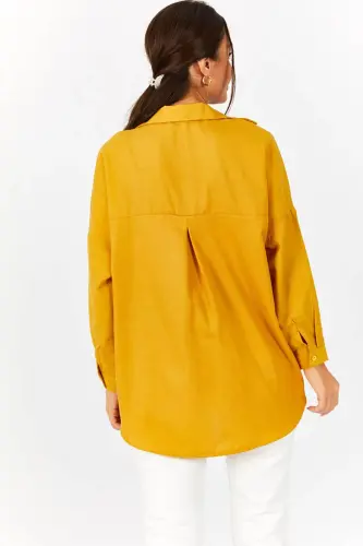 Kadın Hardal Oversize Uzun Basic Gömlek ARM-22Y001118-Hardal - 4