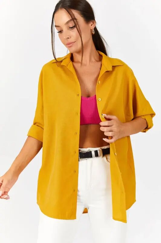 Kadın Hardal Oversize Uzun Basic Gömlek ARM-22Y001118 - Hardal - armonika