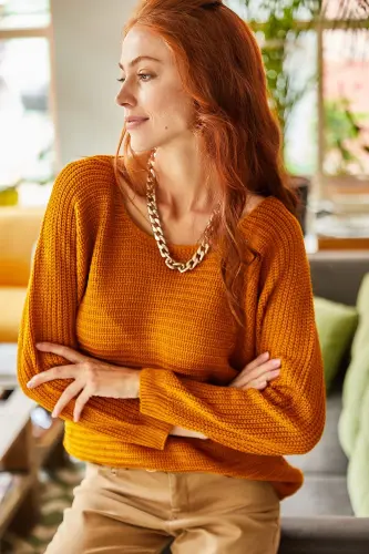 Kadın Hardal Selanik Salaş Triko Kazak KZK-19000051-Hardal - 4