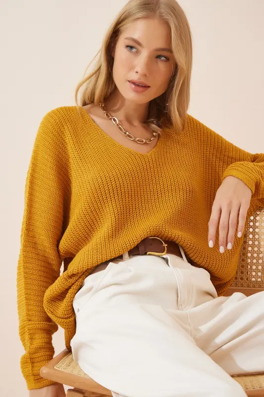 Kadın Hardal V Yaka Selanik Örgü Oversize Triko Kazak ZA00059-Hardal - HAPPINESS İSTANBUL