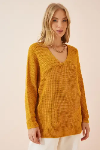 Kadın Hardal V Yaka Selanik Örgü Oversize Triko Kazak ZA00059-Hardal - 2