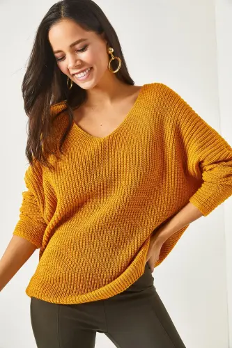 Kadın Hardal V Yaka Selanik Örgü Oversize Triko Tunik TNK-19000081 - Hardal 