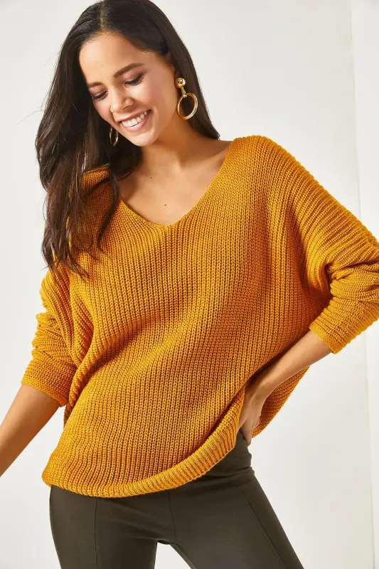 Kadın Hardal V Yaka Selanik Örgü Oversize Triko Tunik TNK-19000081 - Hardal - 1