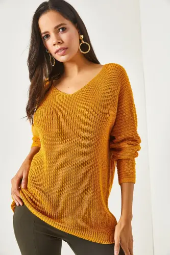 Kadın Hardal V Yaka Selanik Örgü Oversize Triko Tunik TNK-19000081 - Hardal - 2