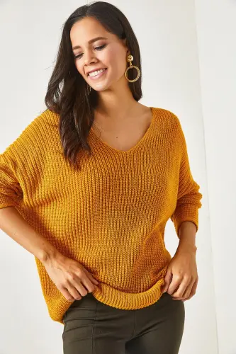 Kadın Hardal V Yaka Selanik Örgü Oversize Triko Tunik TNK-19000081 - Hardal - 3