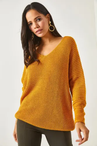 Kadın Hardal V Yaka Selanik Örgü Oversize Triko Tunik TNK-19000081 - Hardal - 5