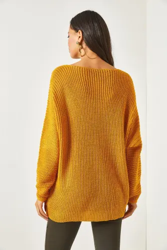Kadın Hardal V Yaka Selanik Örgü Oversize Triko Tunik TNK-19000081 - Hardal - 6