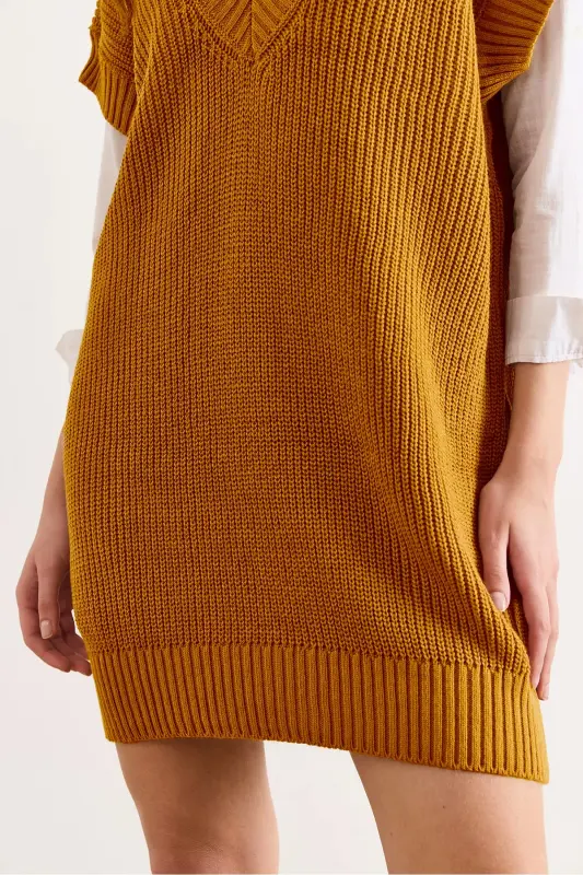 Kadın Hardal V Yaka Triko Tunik Elbise ELB-19002343-Hardal - 2