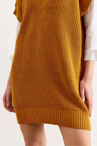 Kadın Hardal V Yaka Triko Tunik Elbise ELB-19002343-Hardal - OLALOOK (1)