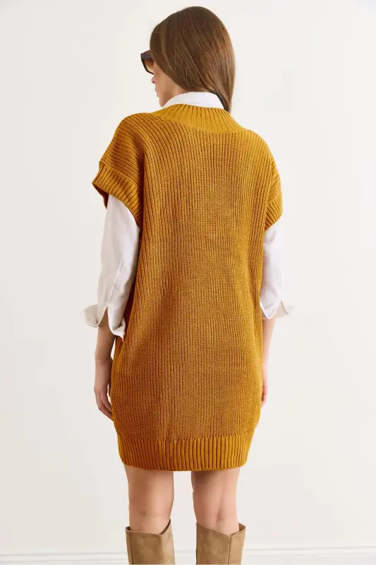 Kadın Hardal V Yaka Triko Tunik Elbise ELB-19002343-Hardal - 3