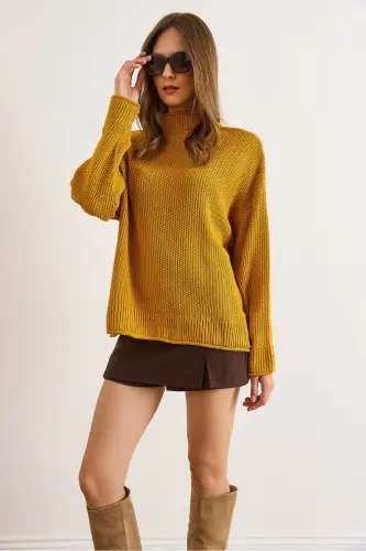 Kadın Hardal Yaka Manşet Kıvrık Petek Triko Kazak KZK-19000825-Hardal - 3