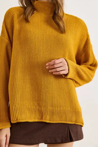 Kadın Hardal Yaka Manşet Kıvrık Petek Triko Kazak KZK-19000825-Hardal - 5