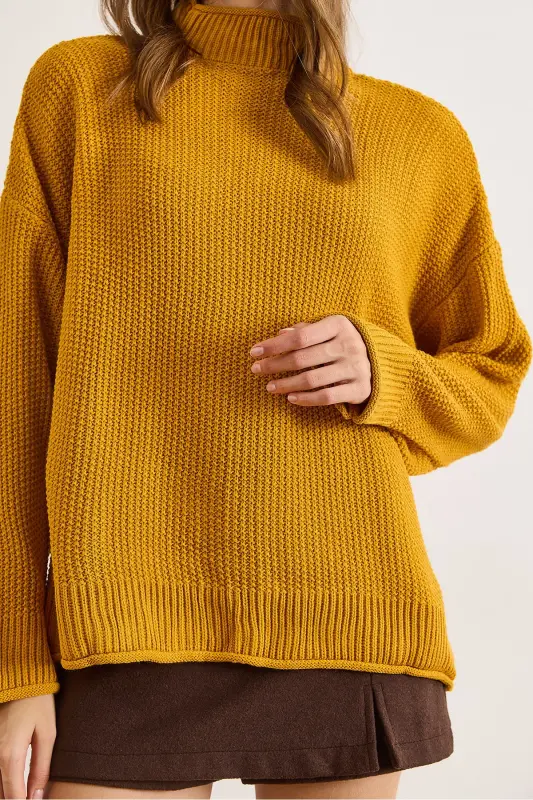 Kadın Hardal Yaka Manşet Kıvrık Petek Triko Kazak KZK-19000825-Hardal - 5