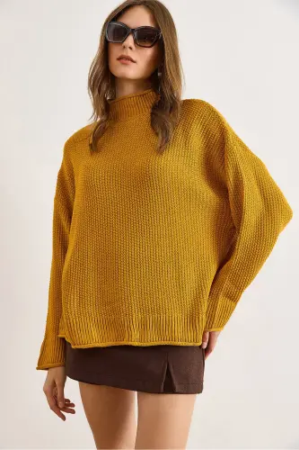 Kadın Hardal Yaka Manşet Kıvrık Petek Triko Kazak KZK-19000825-Hardal - 6