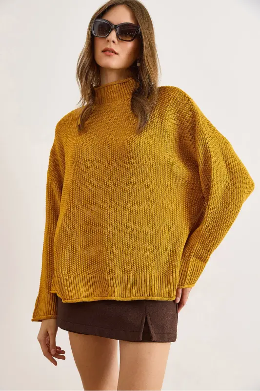 Kadın Hardal Yaka Manşet Kıvrık Petek Triko Kazak KZK-19000825-Hardal - 6