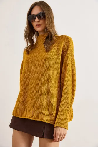 Kadın Hardal Yaka Manşet Kıvrık Petek Triko Kazak KZK-19000825-Hardal 