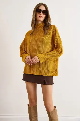 Kadın Hardal Yaka Manşet Kıvrık Petek Triko Kazak KZK-19000825-Hardal - OLALOOK (1)