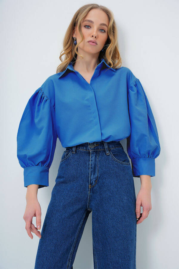 Kadın Havacı Mavi Balon Kol Gizli Patlı Basic Poplin Gömlek ALC-X9654-HAVACI MAVİ - 2