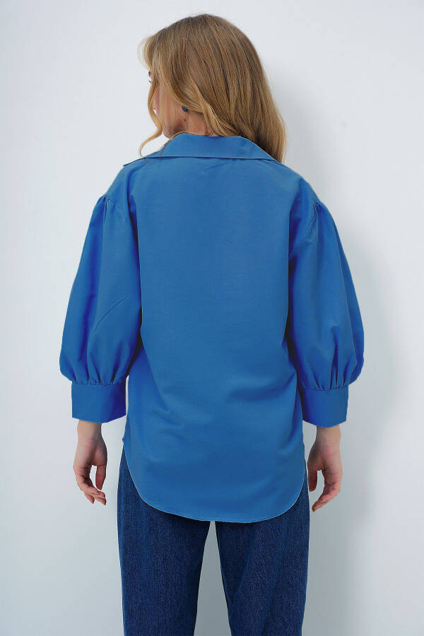 Kadın Havacı Mavi Balon Kol Gizli Patlı Basic Poplin Gömlek ALC-X9654-HAVACI MAVİ - 6