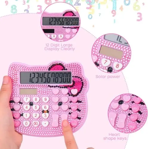 Women Calculators,Desktop Calculator 12 Digit with Large LCD Display and Sensitive Button, Solar and Battery Dual Power, Standard Function for Office, Home, School (Pink+Pink) - 2