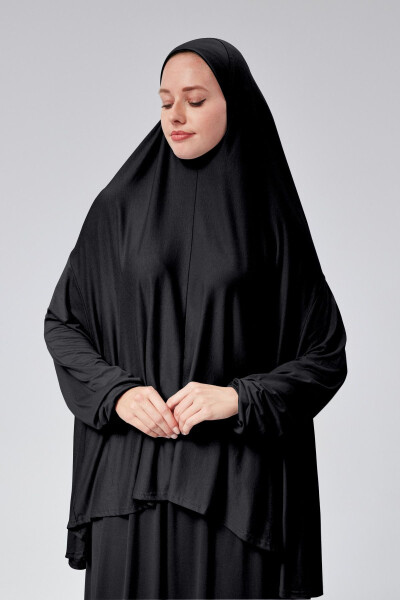 Kadın İki Parça Namaz Elbisesi Başörtülü Organik Pamuklu Lastikli Kolu Kaymaz Etek Penye Tesettür-siyah - SONBAHARMODA (1)