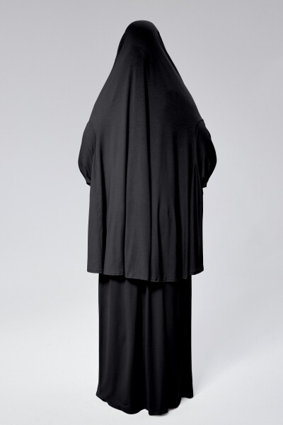 Kadın İki Parça Namaz Elbisesi Başörtülü Organik Pamuklu Lastikli Kolu Kaymaz Etek Penye Tesettür-siyah - 4