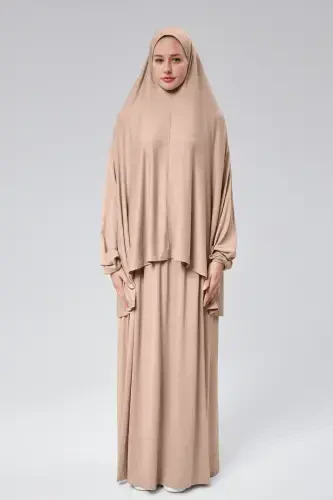 Kadın İki Parça Namaz Elbisesi Başörtülü Organik Pamuklu Lastikli Kolu Kaymaz Etek Penye Tesettür-Bej - 1