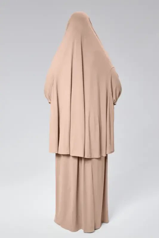 Kadın İki Parça Namaz Elbisesi Başörtülü Organik Pamuklu Lastikli Kolu Kaymaz Etek Penye Tesettür-Bej - 3