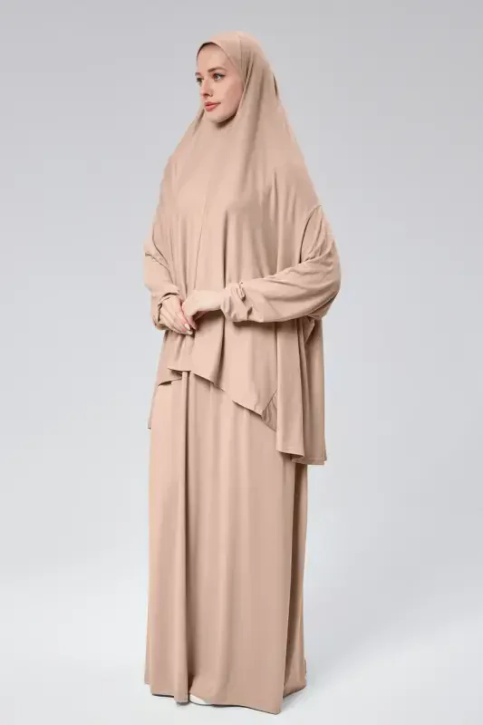 Kadın İki Parça Namaz Elbisesi Başörtülü Organik Pamuklu Lastikli Kolu Kaymaz Etek Penye Tesettür-Bej - 5