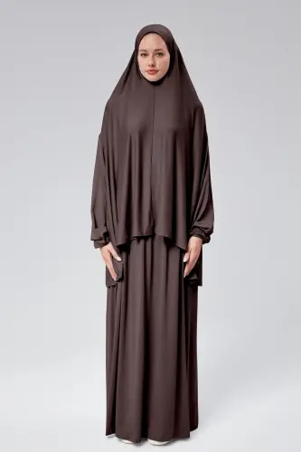 Kadın İki Parça Namaz Elbisesi Başörtülü Organik Pamuklu Lastikli Kolu Kaymaz Etek Penye Tesettür-Kahverengi - 1