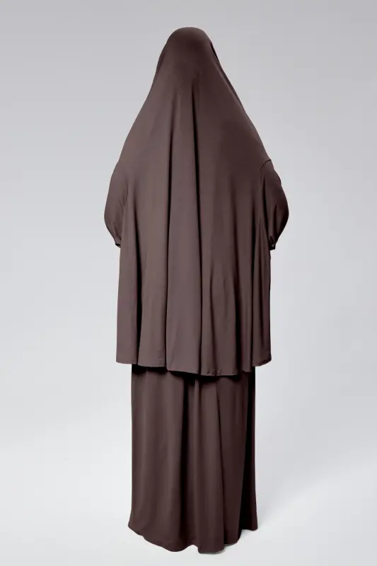 Kadın İki Parça Namaz Elbisesi Başörtülü Organik Pamuklu Lastikli Kolu Kaymaz Etek Penye Tesettür-Kahverengi - 3