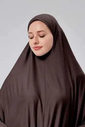 Kadın İki Parça Namaz Elbisesi Başörtülü Organik Pamuklu Lastikli Kolu Kaymaz Etek Penye Tesettür-Kahverengi - 4
