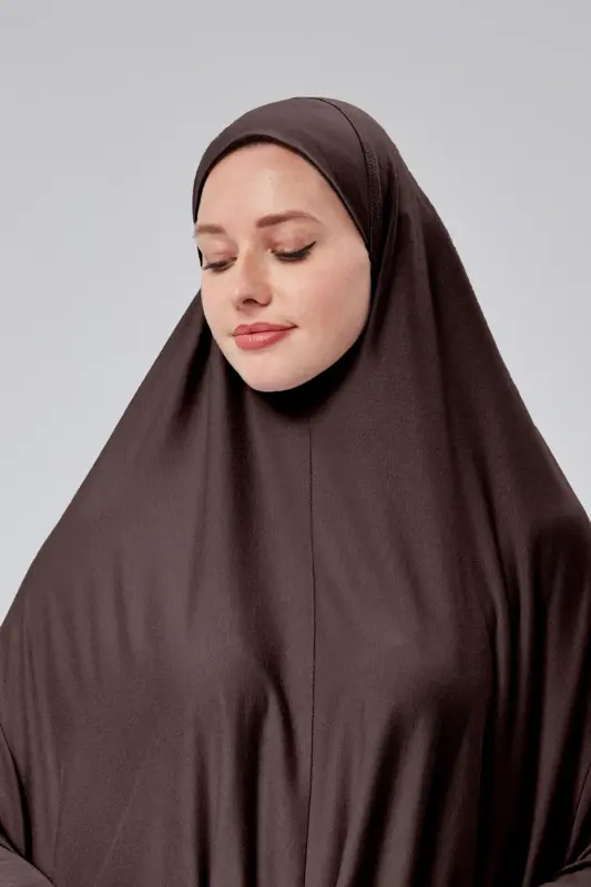 Kadın İki Parça Namaz Elbisesi Başörtülü Organik Pamuklu Lastikli Kolu Kaymaz Etek Penye Tesettür-Kahverengi - 4