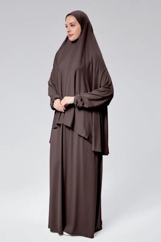Kadın İki Parça Namaz Elbisesi Başörtülü Organik Pamuklu Lastikli Kolu Kaymaz Etek Penye Tesettür-Kahverengi - 5
