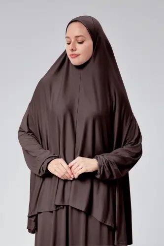 Kadın İki Parça Namaz Elbisesi Başörtülü Organik Pamuklu Lastikli Kolu Kaymaz Etek Penye Tesettür-Kahverengi - SONBAHARMODA (1)