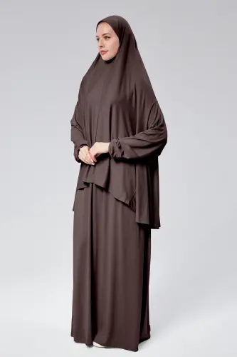 Kadın İki Parça Namaz Elbisesi Başörtülü Organik Pamuklu Lastikli Kolu Kaymaz Etek Penye Tesettür-Kahverengi - 5
