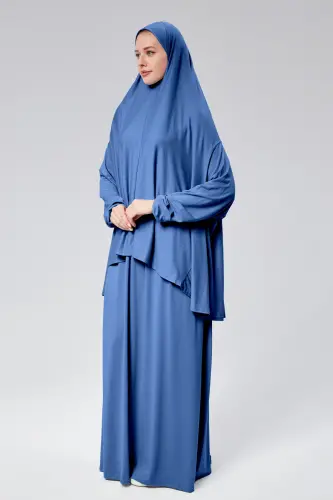 Kadın İki Parça Namaz Elbisesi Başörtülü Organik Pamuklu Lastikli Kolu Kaymaz Etek Penye Tesettür-Kot rengi - 5