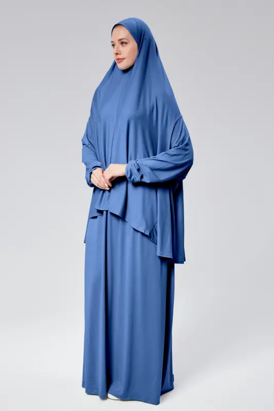 Kadın İki Parça Namaz Elbisesi Başörtülü Organik Pamuklu Lastikli Kolu Kaymaz Etek Penye Tesettür-Kot rengi - 5