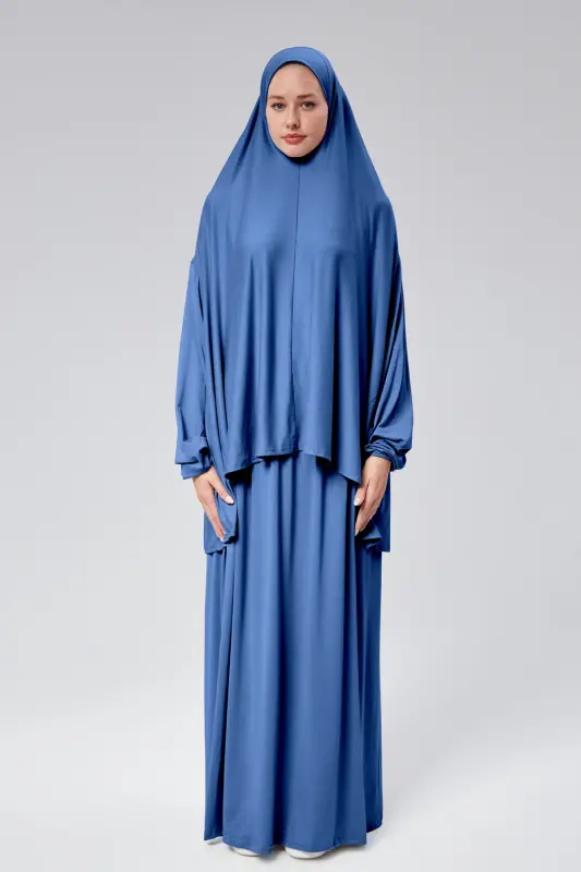 Kadın İki Parça Namaz Elbisesi Başörtülü Organik Pamuklu Lastikli Kolu Kaymaz Etek Penye Tesettür-Kot rengi - SONBAHARMODA