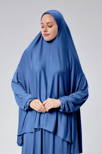 Kadın İki Parça Namaz Elbisesi Başörtülü Organik Pamuklu Lastikli Kolu Kaymaz Etek Penye Tesettür-Kot rengi - SONBAHARMODA (1)